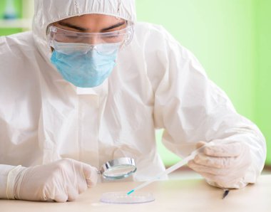 Laboratuvarda yeni bir deney üzerinde çalışan kimyager.