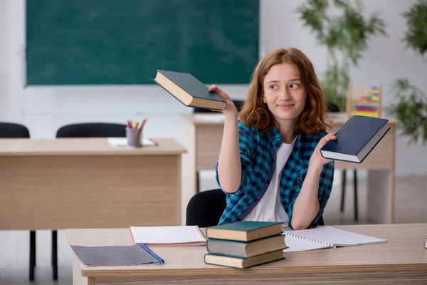 Young female student preparing for exam in the classroom Royalty Free Stock Photos