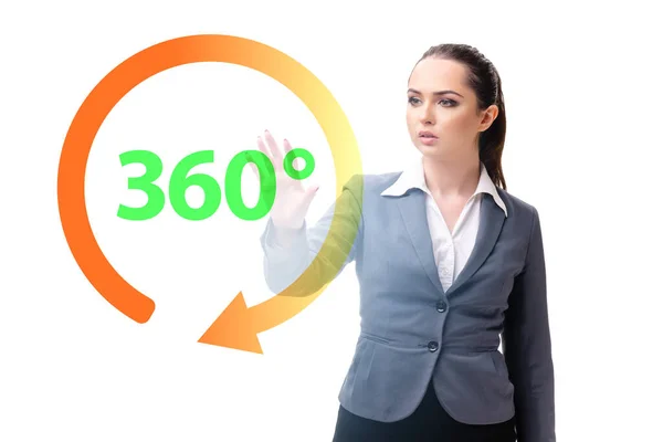 360 μοίρες έννοια με businesswoman πατώντας κουμπί — Φωτογραφία Αρχείου