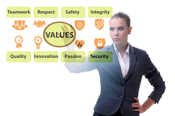 Businesswoman in the corporate values concept — Stock Photo, Image