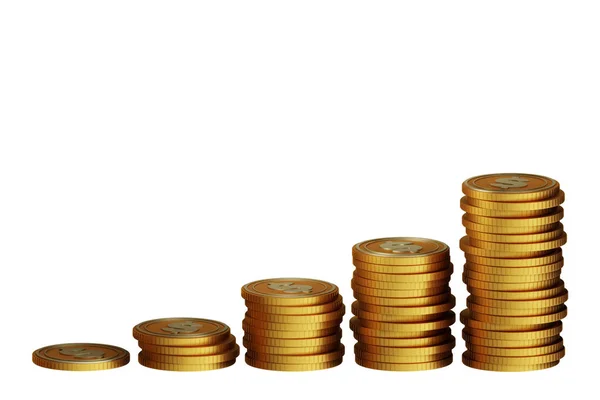 Montones de monedas de oro en crecimiento - 3d renderizado —  Fotos de Stock