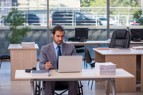 Jonge mannelijke werknemer in rolstoel werkzaam in het kantoor — Stockfoto