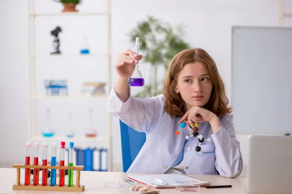 Jonge vrouwelijke chemicus studeert moleculair model — Stockfoto