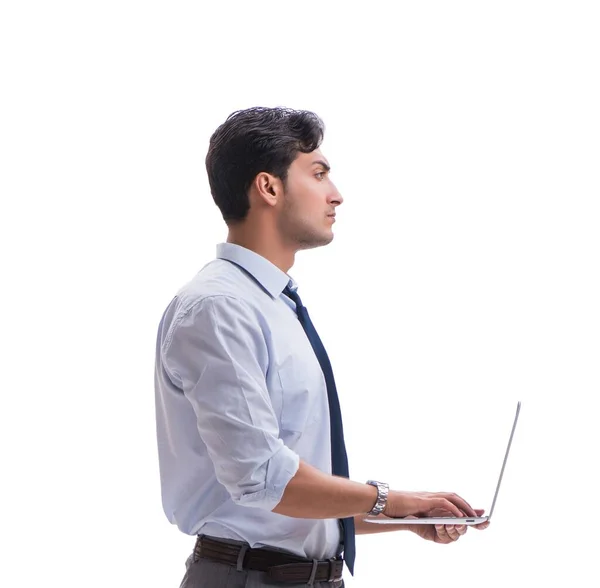 Uomo d'affari con computer portatile isolato su bianco — Foto Stock