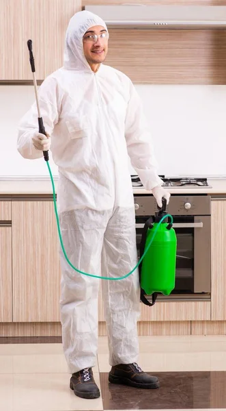 The professional contractor doing pest control at kitchen — Stock Photo, Image