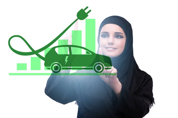 Concetto di auto elettrica con donna d'affari premendo il pulsante — Foto Stock