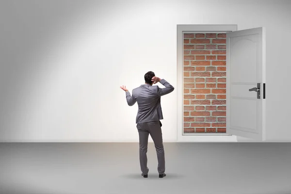 Businessman facing no exit with brick door — Stock Photo, Image