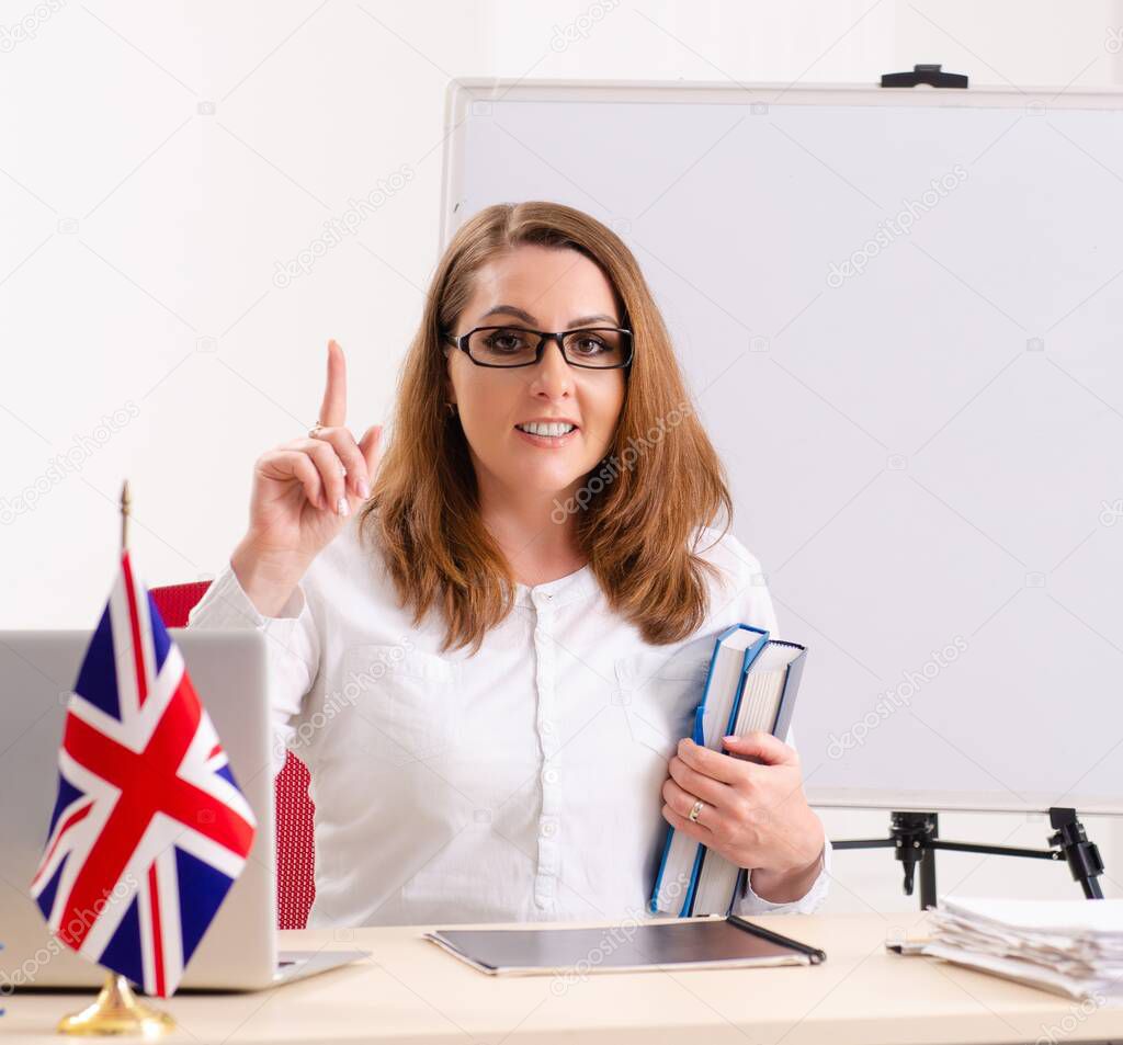 The female english language teacher in front of whiteboard