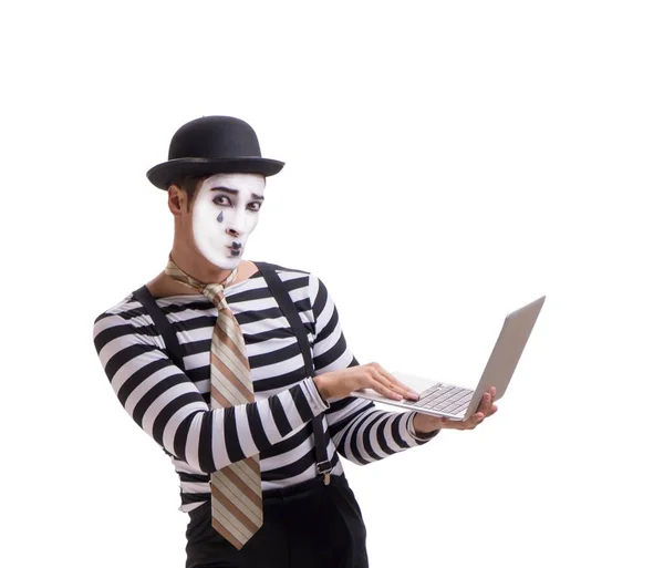 Mime with laptop isolated on white background — Stock Photo, Image