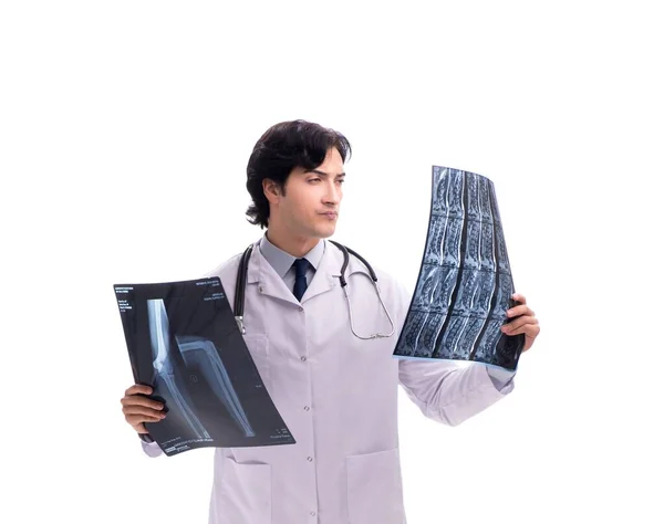 Den unga stiliga läkare radiolog isolerad i vitt — Stockfoto