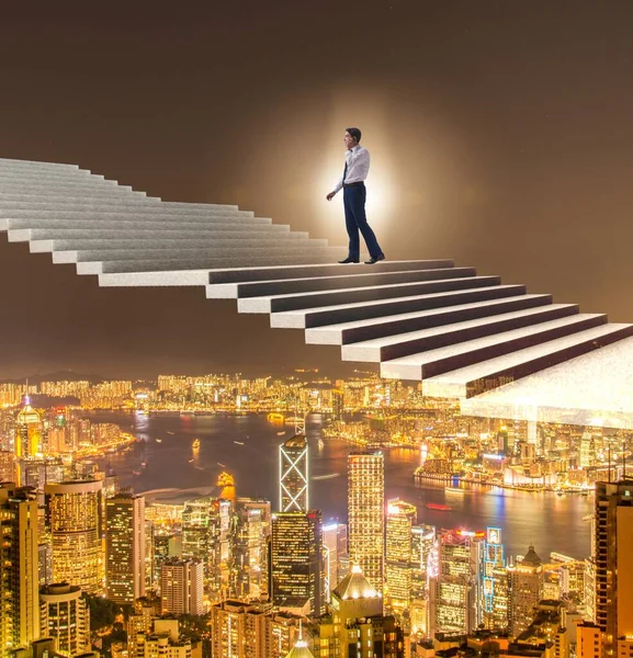 The businessman climbing career ladder over city — Stock Photo, Image