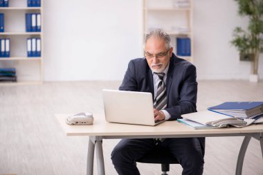 Ofiste çalışan yaşlı bir erkek.