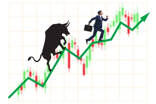 Businessman in illustration of bullish market — Stock Photo, Image