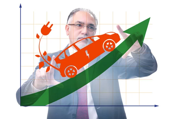 Concetto di auto elettrica con uomo d'affari premendo il pulsante — Foto Stock