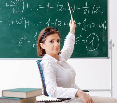 Karatahtanın önündeki kadın matematik öğretmeni.