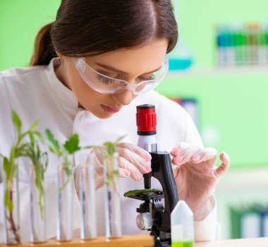 Güzel kadın biyoteknoloji bilim adamı kimyager laboratuarda çalışıyor.