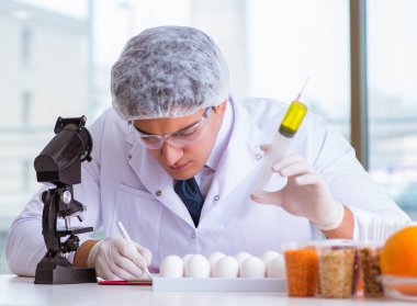 Besin uzmanı gıda ürünlerini laboratuarda test ediyor.