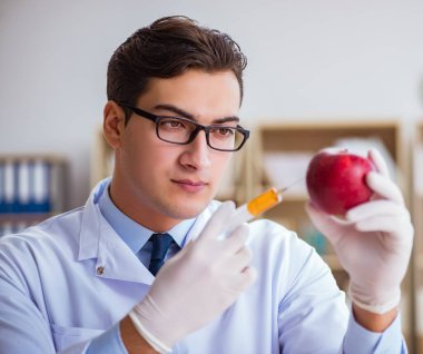 Bilim adamı organik meyve ve sebzeler üzerinde çalışıyor.