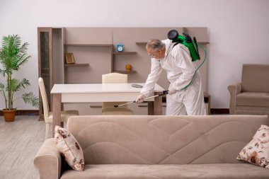 Yaşlı erkek müteahhit evde haşere kontrolü yapıyor.