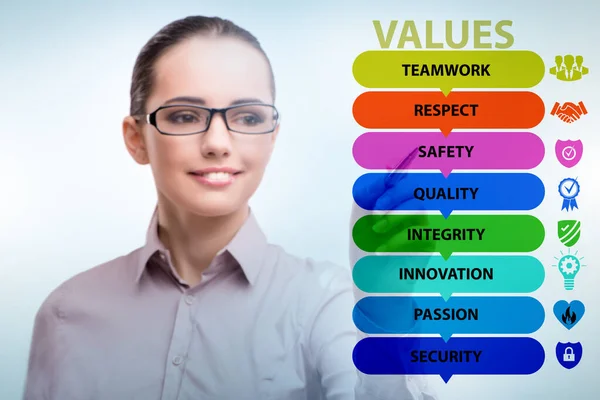 Businesswoman in the corporate values concept — Stock Photo, Image