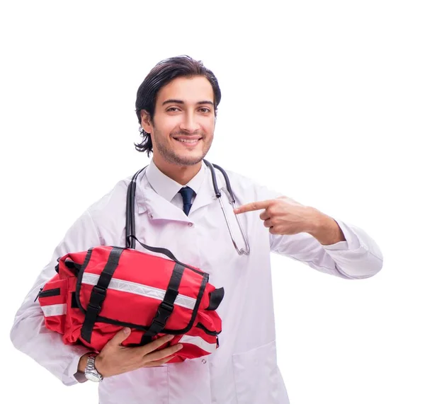 Jovem médico paramédico do sexo masculino isolado em branco — Fotografia de Stock