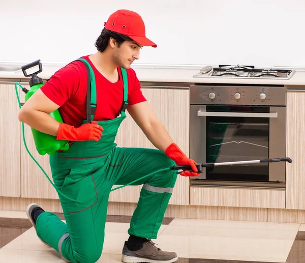 O empreiteiro profissional fazendo controle de pragas na cozinha — Fotografia de Stock