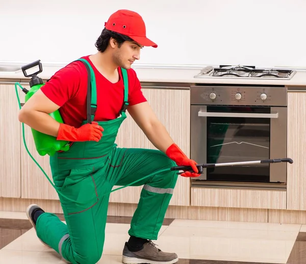 Der professionelle Bauunternehmer bei der Schädlingsbekämpfung in der Küche — Stockfoto