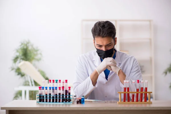 Bioquímico masculino joven analizando muestras de sangre en concepto pandémico —  Fotos de Stock