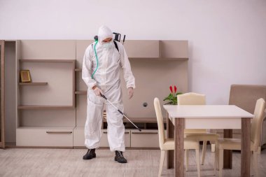 Genç erkek müteahhit evde haşere kontrolü yapıyor.