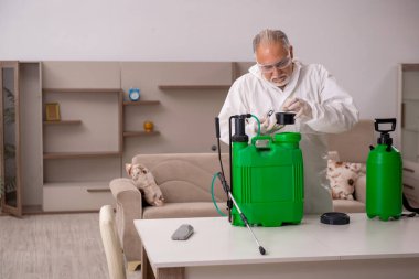 Yaşlı erkek müteahhit evde haşere kontrolü yapıyor.