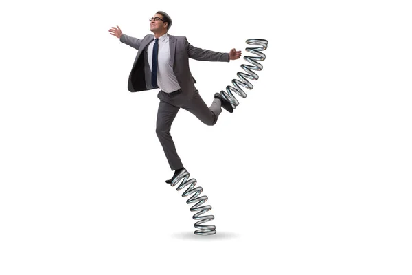 Businessman jumping high on springs — Stock Photo, Image