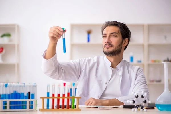 Jonge mannelijke chemicus werkt in het lab — Stockfoto