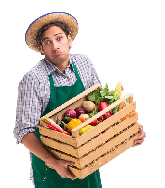 O jovem agricultor com produtos frescos isolados sobre fundo branco — Fotografia de Stock