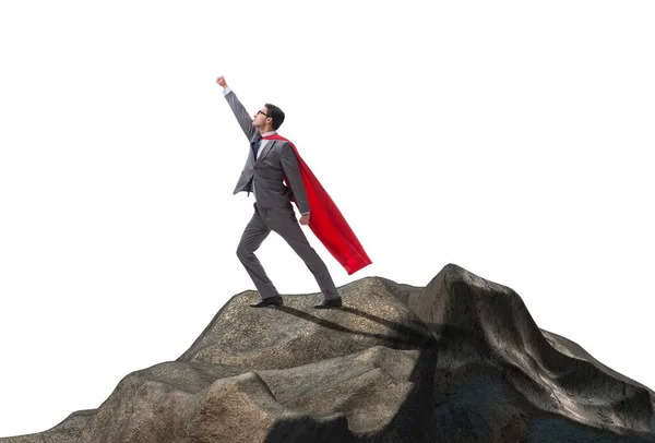 Superheld zakenman bovenop berg — Stockfoto
