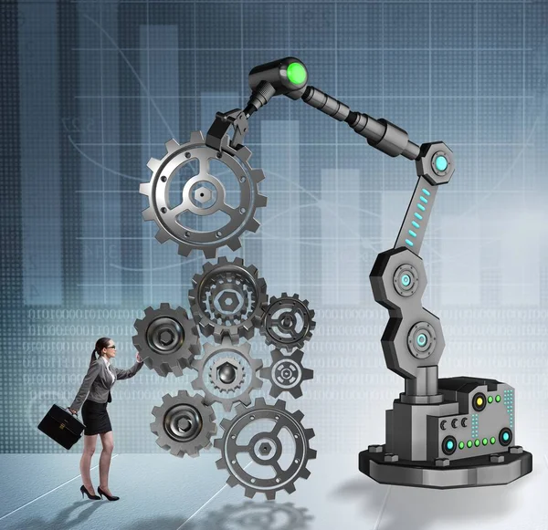 Businesspeople with cogwheel and robotic arm — Stock Photo, Image