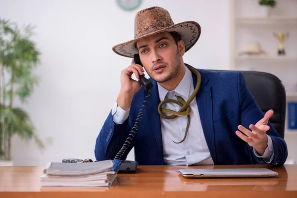 Jeune homme d'affaires cow-boy travaillant sur le lieu de travail — Photo