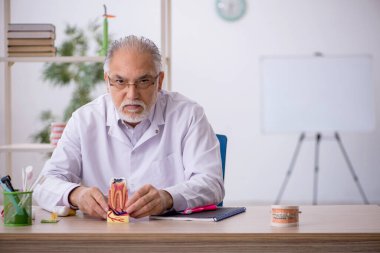 Klinikte çalışan yaşlı erkek dişçi.