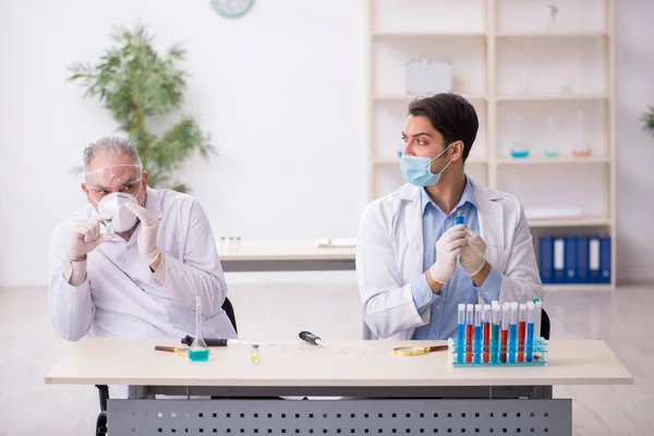 Dois químicos do sexo masculino trabalhando no laboratório durante a pandemia — Fotografia de Stock