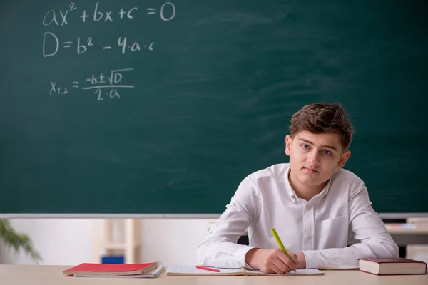 Школярка вивчає математику перед дошкою — стокове фото