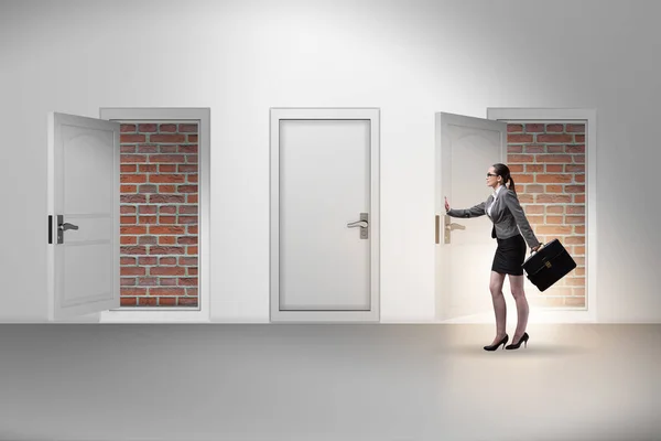 Businesswoman facing no exit with brick door — Stock Photo, Image