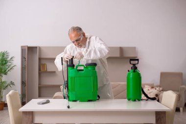 Yaşlı erkek müteahhit evde haşere kontrolü yapıyor.