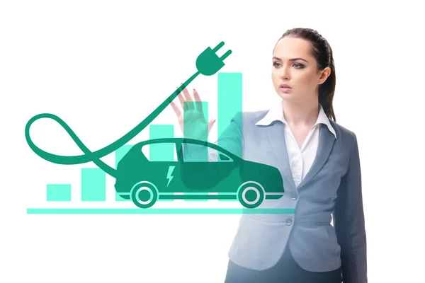 Electric car concept with businesswoman pressing button — Stock Photo, Image