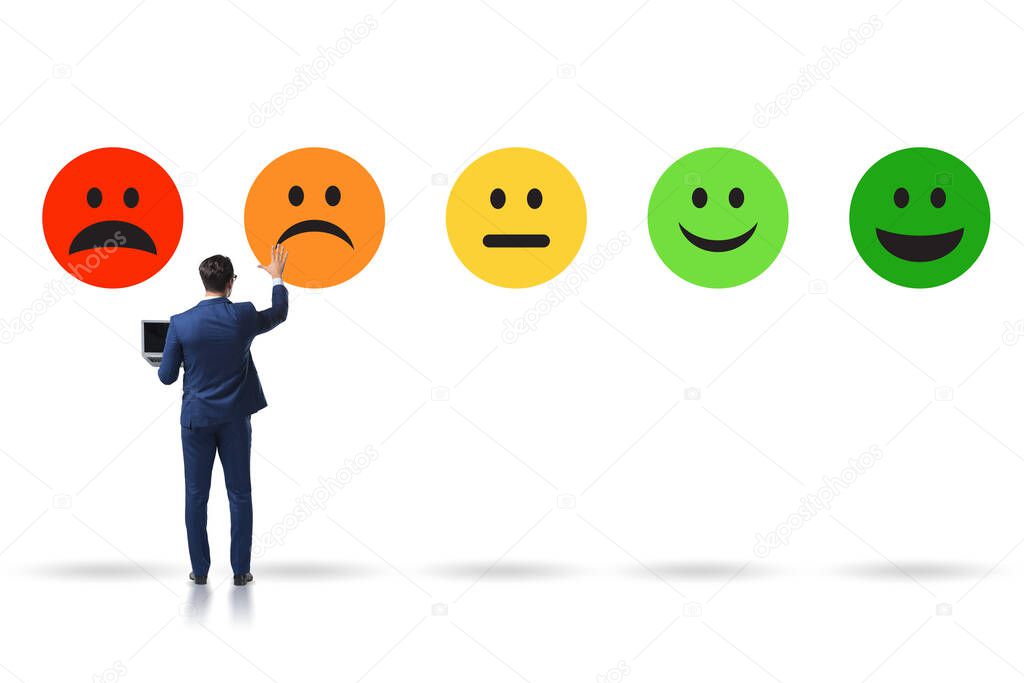 Illustration of customer feedback with faces and businessman