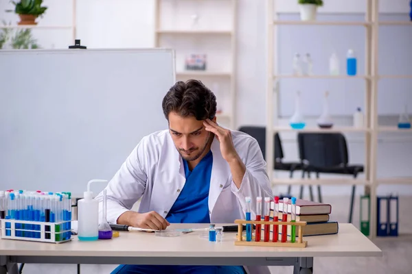 Jovem químico do sexo masculino que trabalha no laboratório — Fotografia de Stock