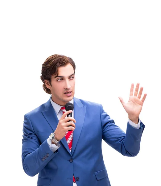 Den eleganta mannen med mikrofon isolerad på vit — Stockfoto