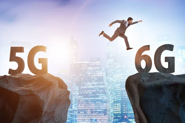 Concept of moving from 5g technology to 6g with jumping people