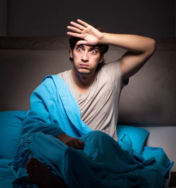 Young Man Scared His Bed Having Nightmares — Stock Photo, Image