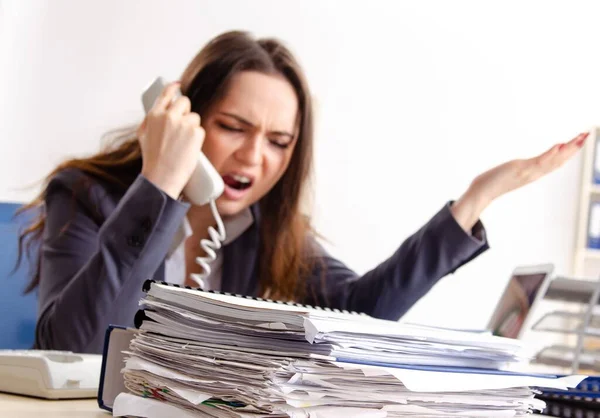 Young Female Employee Unhappy Excessive Work — Foto Stock