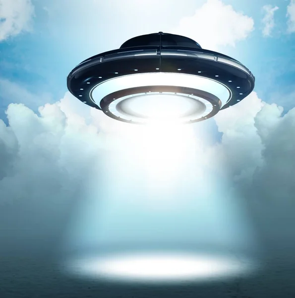 The illustration of flying saucer emitting light - 3d rendering