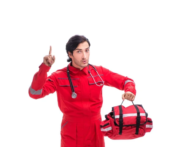 Νεαρός Νοσοκόμος Την Κόκκινη Στολή Απομονωμένος Στα Λευκά — Φωτογραφία Αρχείου